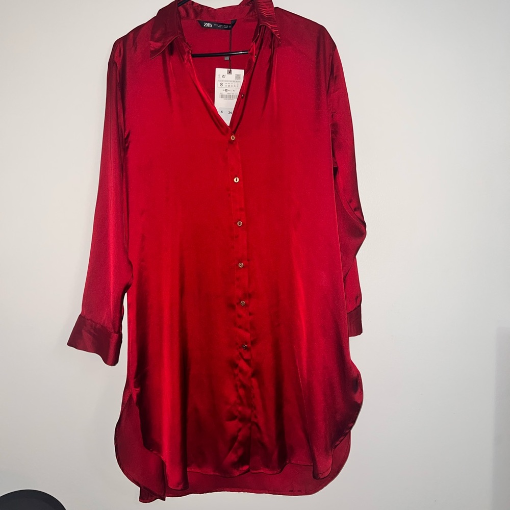 zara dark red silky long button down
